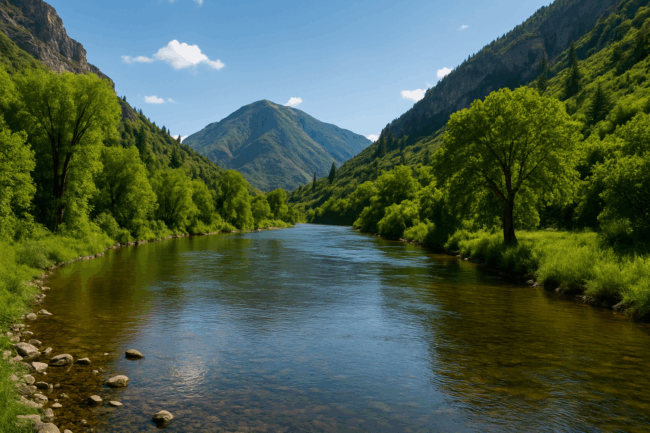 Scenic view of the Provo River winding through Vivian Park in Utah, surrounded by lush green trees and steep mountain slopes under a bright blue sky.