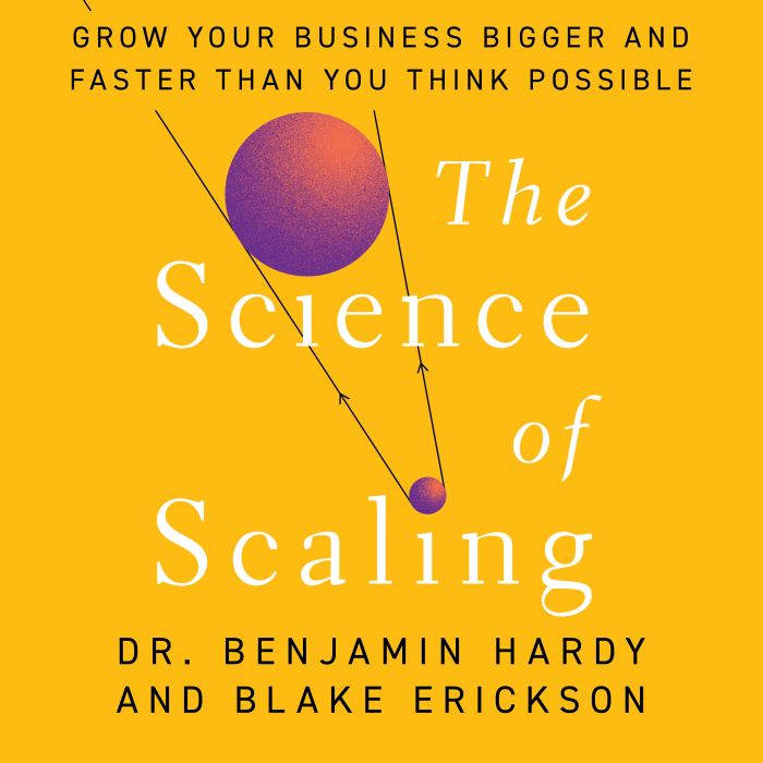 Cover image of the book, "The Science of Scaling" by Dr. Benjamin Hardy and Blake Erickson. The background is mustard yellow a visual of a purple ball growing or scaling up, like a business would grow 10x.