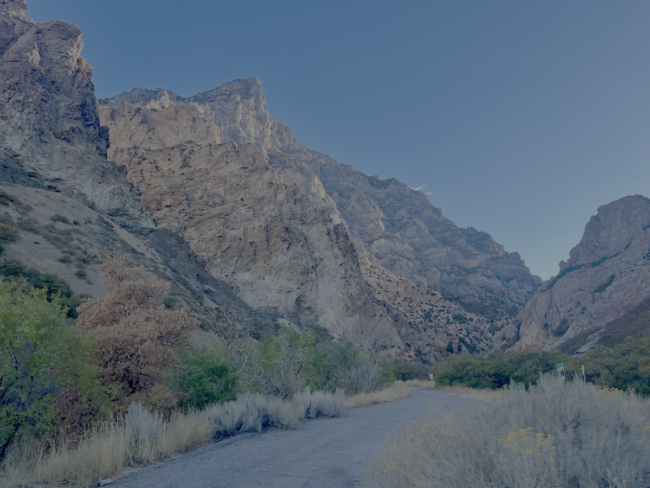 Paved trail leading through a canyon (Rock Canyon in Provo, Utah) with steep rocky mountains and greenery on both sides.