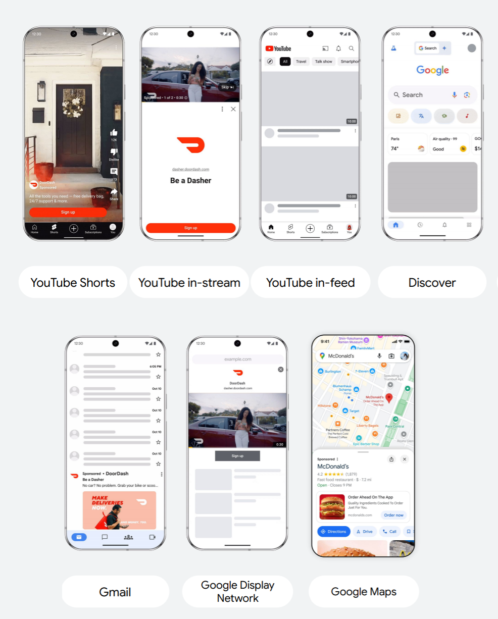 Demand Gen ad placements shown across YouTube Shorts, in-stream and in-feed, Discover, Gmail, the Google Display Network and Google Maps